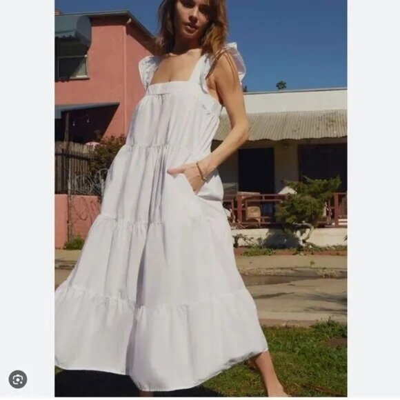 Nation LTD White Camille Easy Sun Dress Tiered Flutter Sleeve Midi Womens Medium - Picture 1 of 7